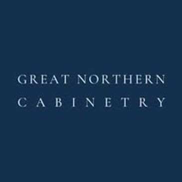 Logo with text 'Great Northern Cabinetry' on blue background.