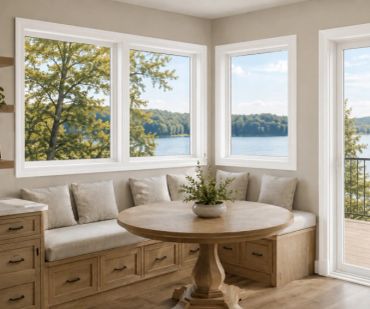 Cozy breakfast nook with a round wooden table and large windows overlooking a lake.