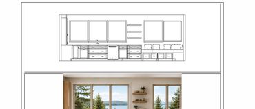 Image showing interior design with wooden window frames and view outside.
