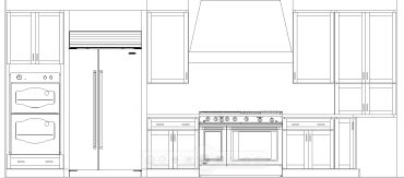 Black and white kitchen cabinetry and appliances blueprint.