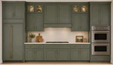 Modern kitchen with green cabinetry and built-in appliances.
