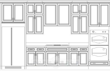 Blueprint design of a kitchen layout with cabinets and appliances.