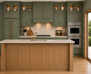 Modern kitchen with green cabinets and wooden island.