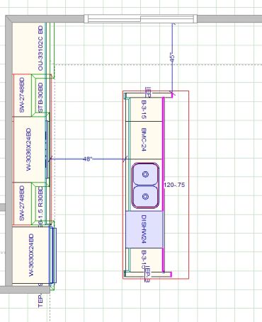 Top-down kitchen layout with sink island and storage units.