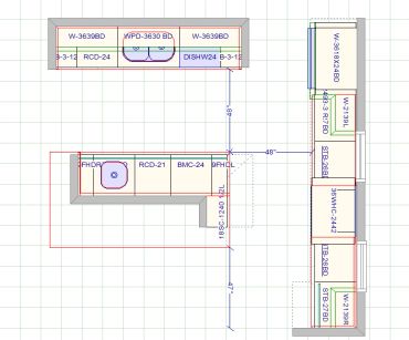 Kitchen layout blueprint with labeled cabinets and appliances.