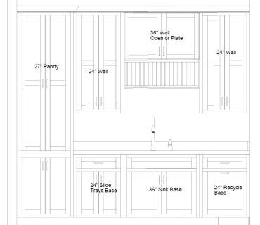 Kitchen cabinet layout with dimensions and labels.