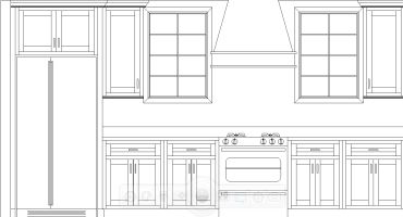 Line drawing of a kitchen interior with cabinets and appliances.