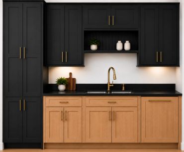 Modern kitchen with black upper and wood lower cabinets.