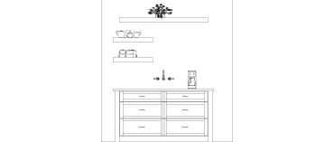Line drawing of a kitchen countertop with shelves and drawers.