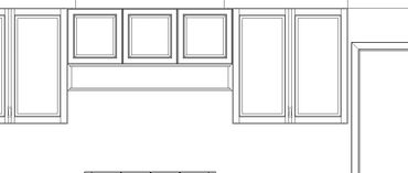 Line drawing of kitchen upper cabinets and a range hood.