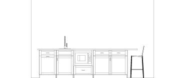 Kitchen cabinetry and seating elevation drawing in black and white.