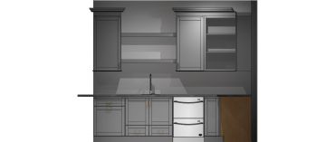 Modern kitchen setup with cabinets, sink, dishwasher, and a brown refrigerator.