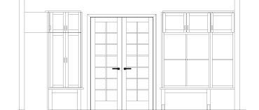 Architectural drawing of a room interior with doors and cabinetry.