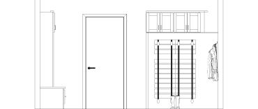 Architectural interior design sketch of a hallway with a door and coat rack.