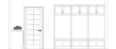 Architectural line drawing of a door and built-in storage unit.