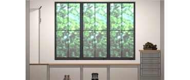 Minimalist entryway with window, bench, and storage.