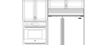 Line drawing of a kitchen section with oven and refrigerator.