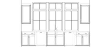 Line drawing of a kitchen front elevation with cabinets and windows.