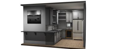 Modern kitchen with gray cabinets and stainless steel appliances.