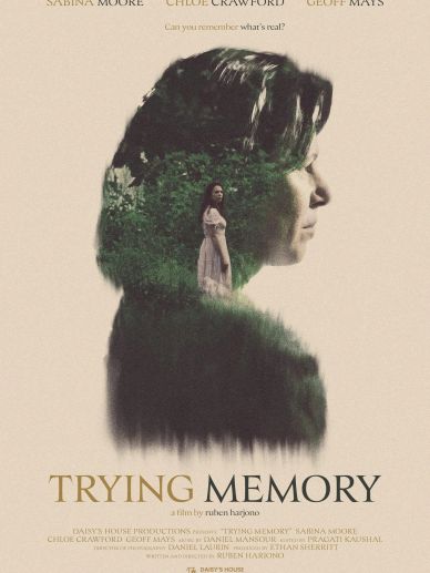 Movie poster for 'Trying Memory' with a double-exposure effect.