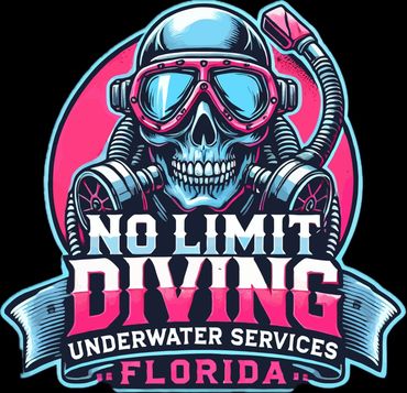 Skull in diving gear with bold text for No Limit Diving, Florida.