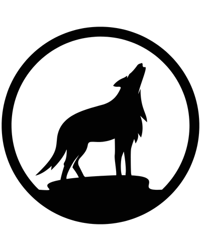 Silhouette of a howling wolf inside a circle.
