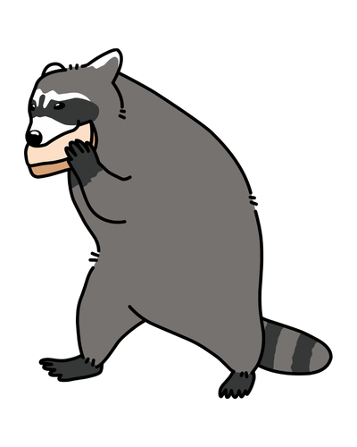 Cartoon raccoon eating bread.