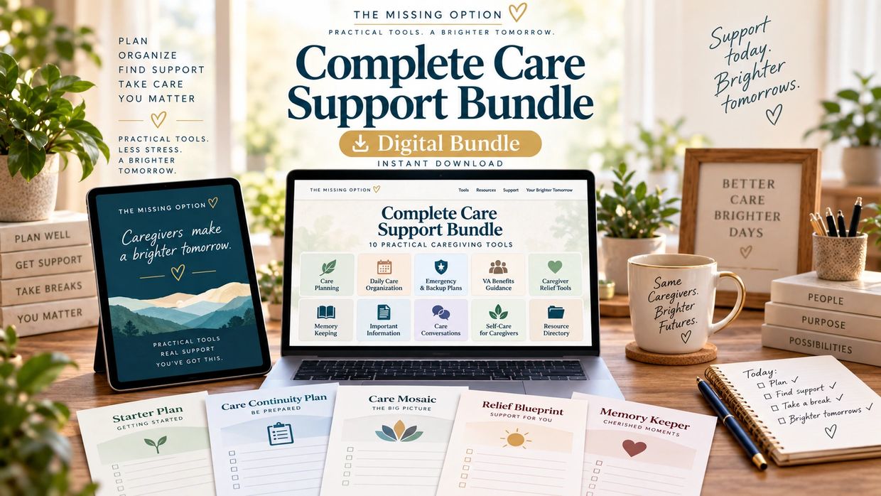 A desk with lots of different printable PDFs to help organize and help caregivers.
