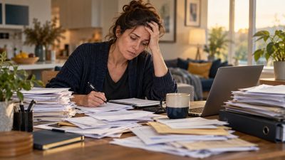 A woman is sitting at a desk with paperwork strewn about. She is very confused about what to do next