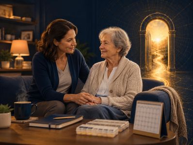 An elderly woman and her caregiver smiling at each other.