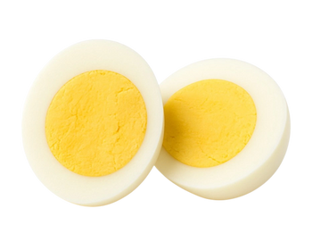 Perfectly boiled egg, halved to reveal a rich yellow yolk – a classic protein-packed snack