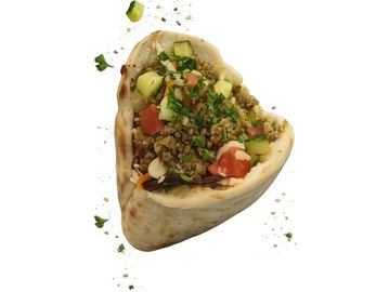 Ground lamb pita with 120g spiced meat, fresh salads and tahini. Bold Israeli street food.