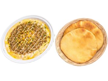 Hummus with 120g seasoned ground lamb and fresh pita. Authentic Israeli flavor, rich and hearty.