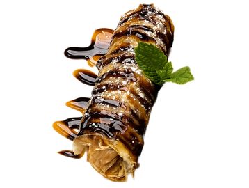 Crispy mallawa pastry rolled with Nutella, drizzled in chocolate, a sweet Mediterranean delight.