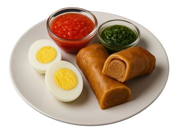 Traditional Yemenite jachnun with hard-boiled egg, tomato salsa, and zhug—rich, slow-cooked delight