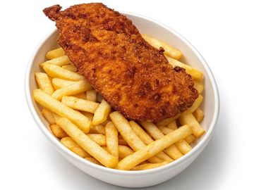 Kids schnitzel meal with crispy fries and drink. Fresh, tasty and family friendly choice in Winnipeg