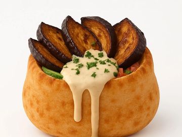 Fried eggplant in fluffy Middle Eastern pita, topped with creamy tahini, herbs, and fresh veggies