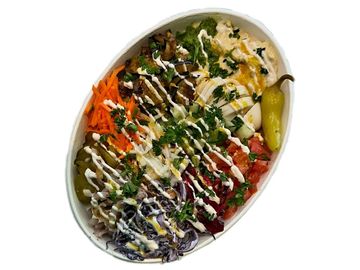 Authentic Sabich bowl combo with hummus, eggplant, egg, tahini and Israeli salad in Winnipeg. 