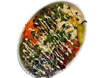 Authentic Sabich bowl with hummus, eggplant, egg, tahini and Israeli salad in Winnipeg.