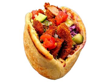 Half-size schnitzel pita packed with fresh crunch and flavor. Perfect light, satisfying option.