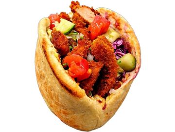Crispy chicken schnitzel in a warm pocket pita with fresh veggies & bold Mediterranean flavor.