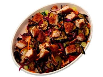 Crispy schnitzel bowl with grilled veggies, fresh salads and bold Israeli flavors. Fresh and hearty.