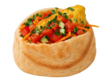 Fluffy veggie-stuffed omelet in soft Middle Eastern pita with fresh cucumber, tomato, and herbs