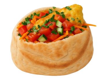 Fluffy veggie-stuffed omelet in soft Middle Eastern pita with fresh cucumber, tomato, and herbs.