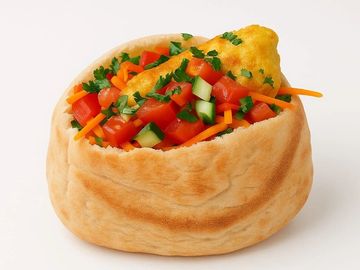 Fluffy veggie-stuffed omelet in soft Middle Eastern pita with fresh cucumber, tomato, and herbs