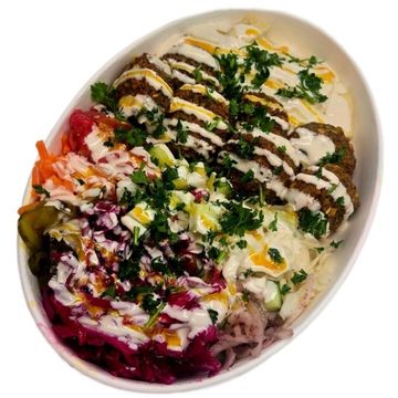 Crispy falafel bowl with fresh veggies and tahini. A flavour packed Mediterranean plant based.