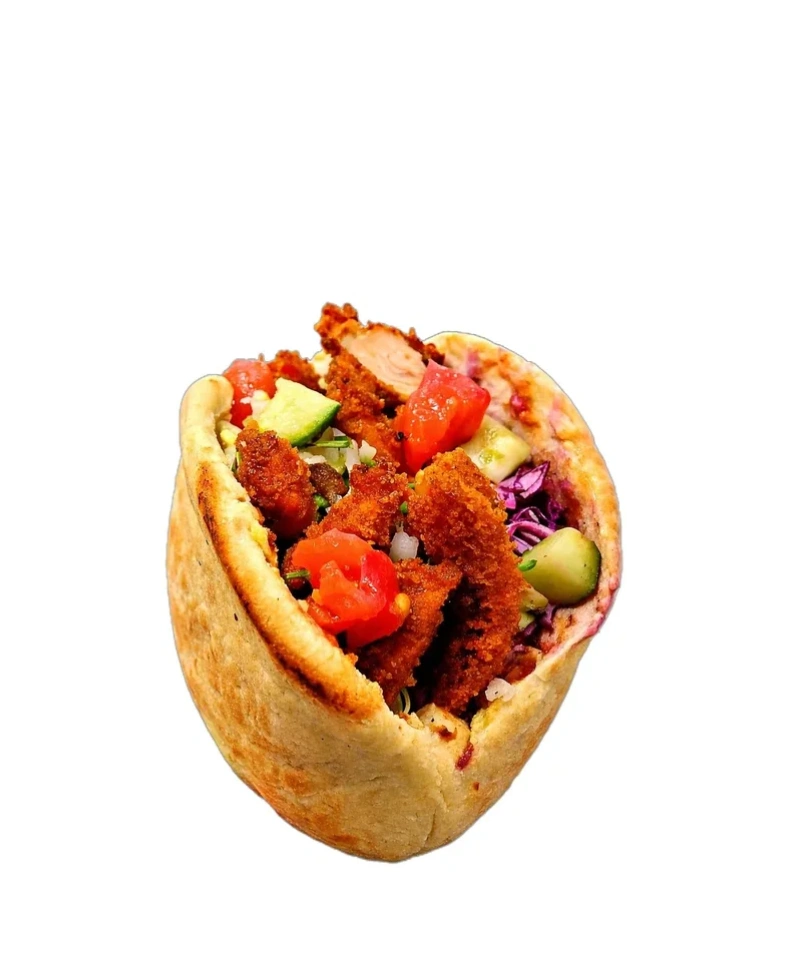 Crispy schnitzel in fresh baked pita with Israeli salads and sauces. Bold flavor made fresh daily.