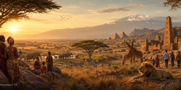 Sunset over an African savanna with wildlife and ancient ruins.