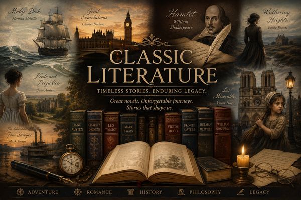 Classic literature featuring iconic novels and authors.