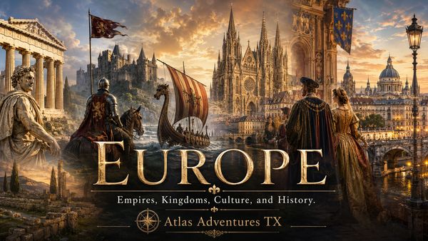 A dramatic collage showcasing Europe's historic architecture and medieval culture.